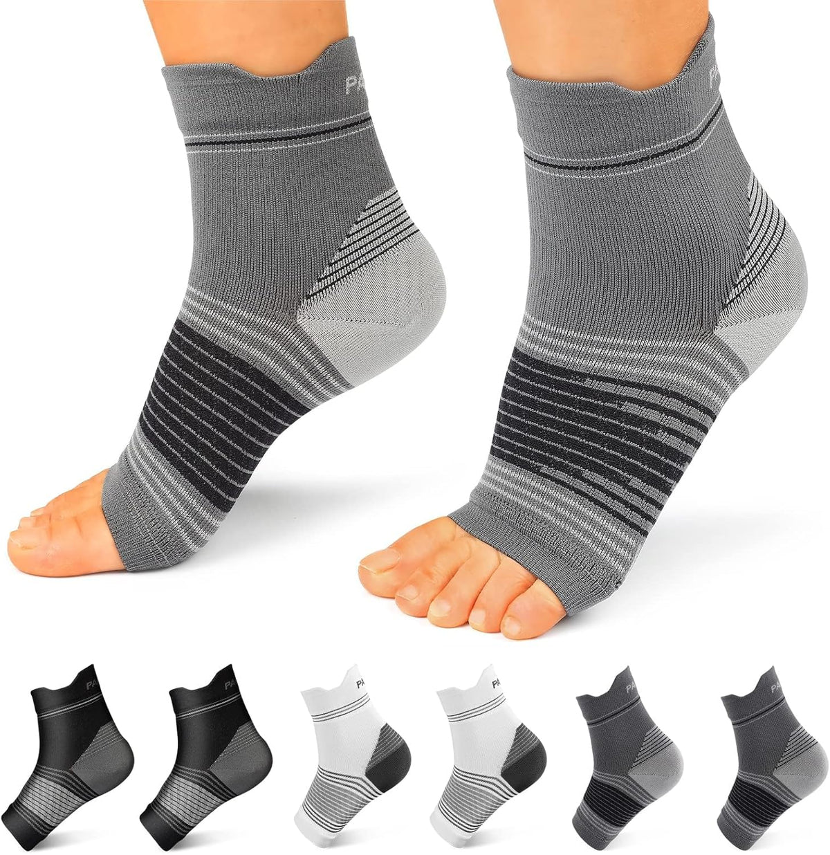 Plantar Fasciitis Sock (6 Pairs) for Men and Women, Compression Foot Sleeves with Arch and Ankle Support (Black, Gray, White, Large)