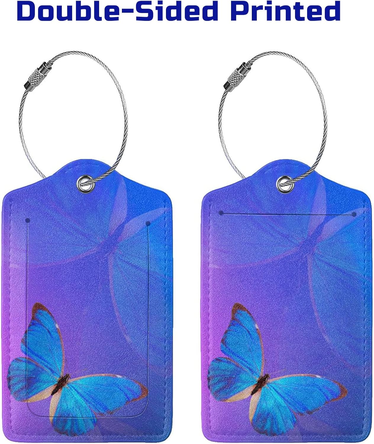 Blue and Purple Luggage Tags with Butterfly Print, Beautiful Violet Suitcase Tags with Privacy Cover Id Card Stainless Steel Loop, 2 Pack Identifiers Tags with Name ID Labels for Women Girls Travel