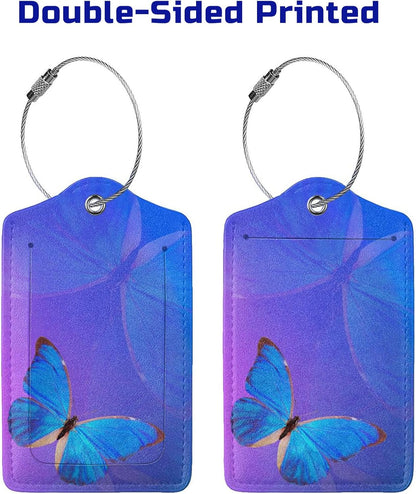 Blue and Purple Luggage Tags with Butterfly Print, Beautiful Violet Suitcase Tags with Privacy Cover Id Card Stainless Steel Loop, 2 Pack Identifiers Tags with Name ID Labels for Women Girls Travel