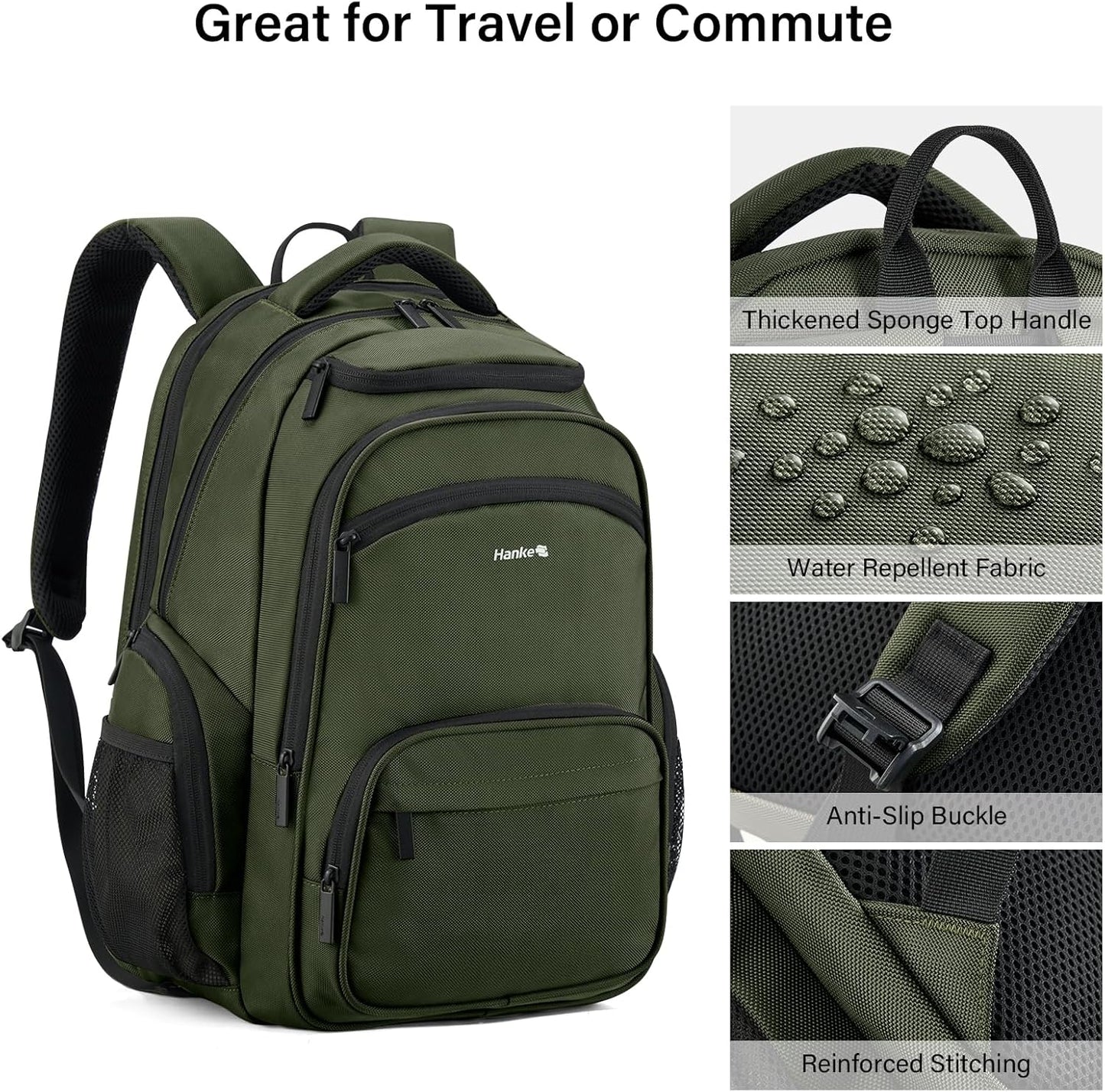 Hanke College Laptop Backpack Multi-Pocket, 18-Inch Large Travel Backpack for Men Women, Water Resistant College Bookbag for 15.6 Inch Laptop, Casual Daily Personal Item Size,Army Green
