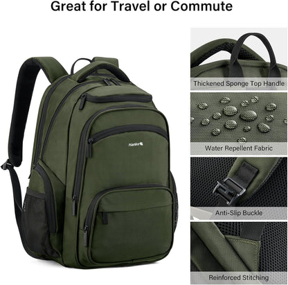 Hanke College Laptop Backpack Multi-Pocket, 18-Inch Large Travel Backpack for Men Women, Water Resistant College Bookbag for 15.6 Inch Laptop, Casual Daily Personal Item Size,Army Green