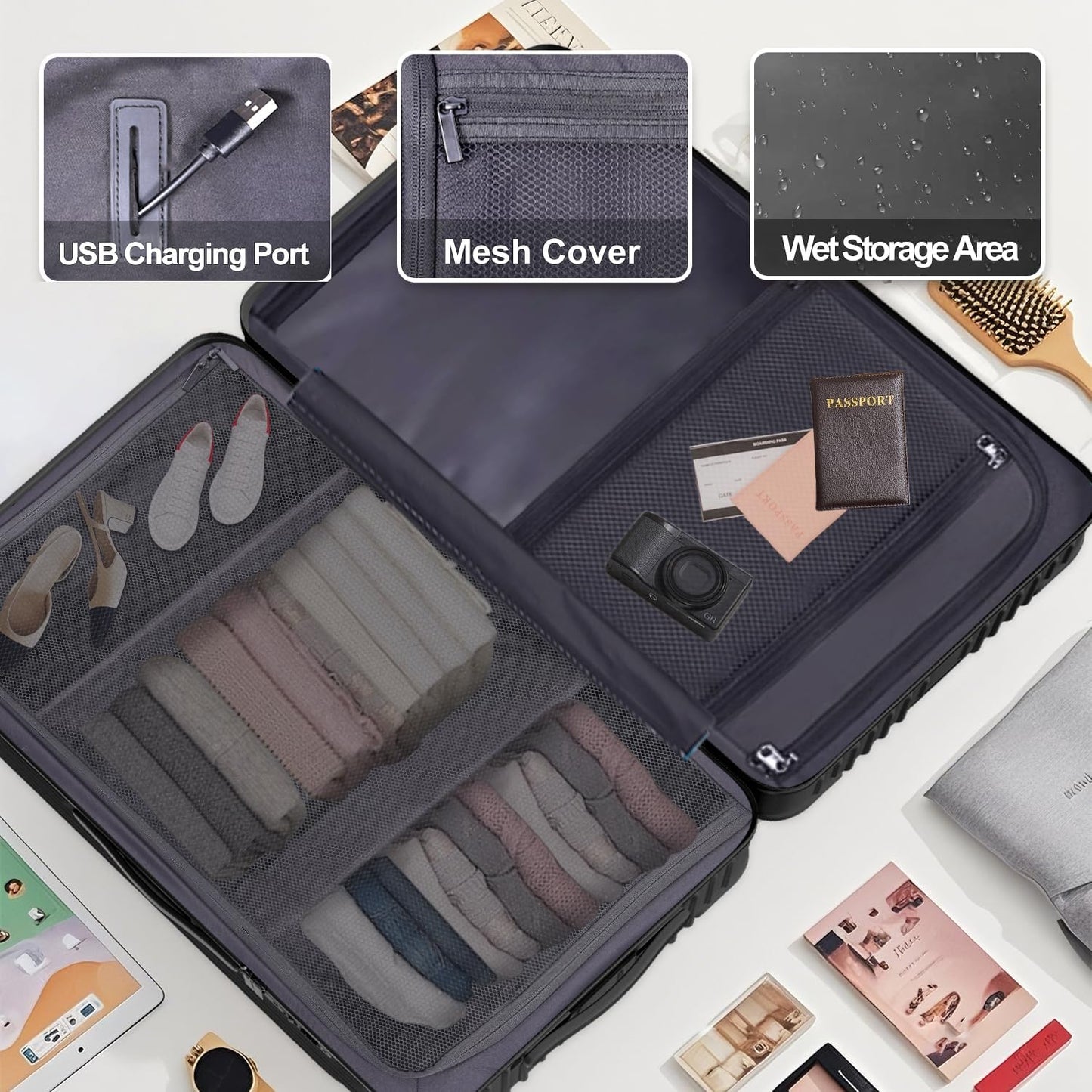 Krute Carry on Luggage 20 Inch Suitcases with Spinner Wheels Hardside Luggages Cup Holder Carry Suitcase USB Charger Port PC+ABS with TSA Lock