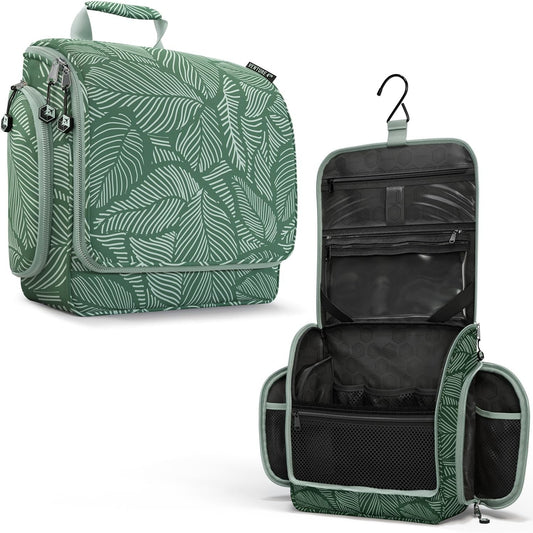 VENTURE 4TH Hanging Travel Toiletry Bag for Women & Men - Travel Organizer with Expandable Compartments & Removable Clear Pouch for Toiletries (Green Leaves)