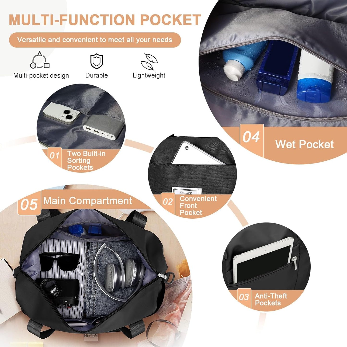 Travel Duffel Bag, Sports Tote Gym Bag, Shoulder Weekender Overnight Bag for Women