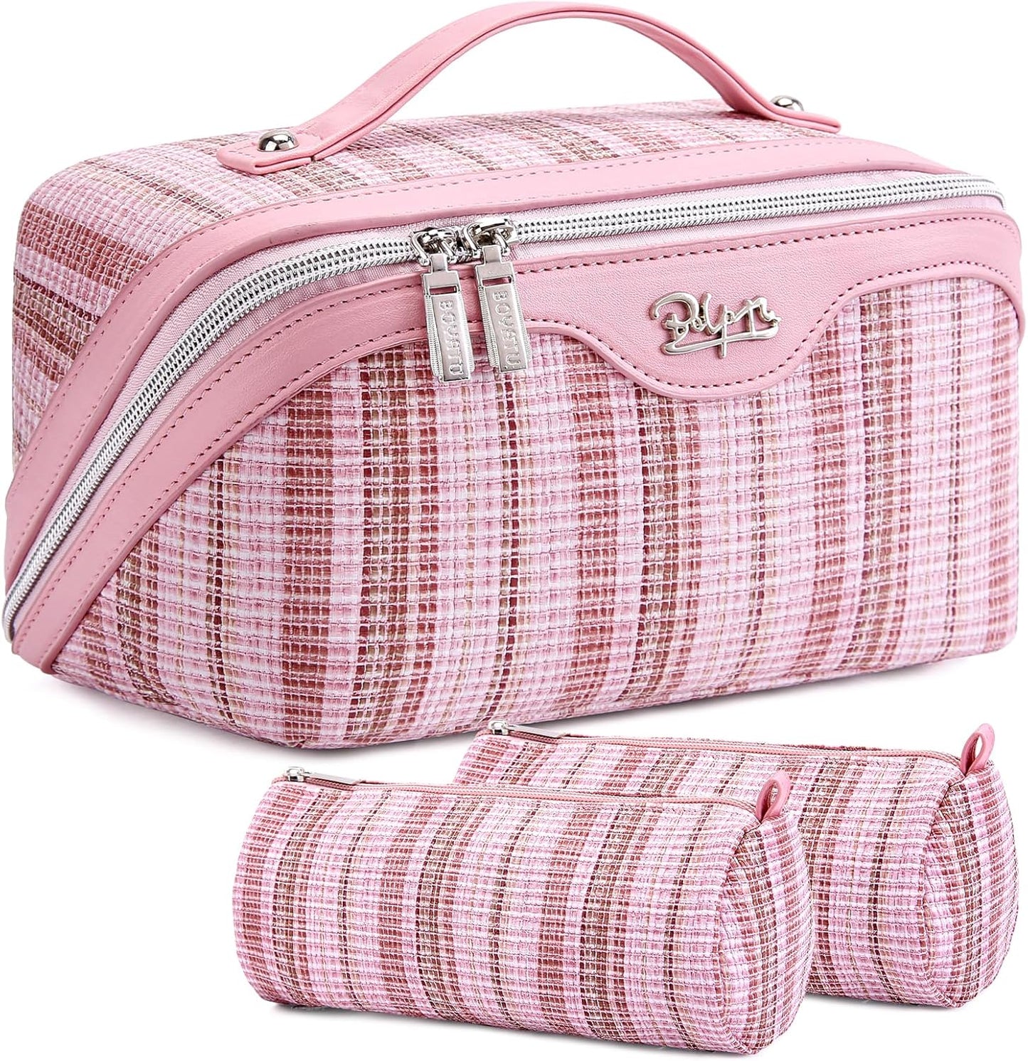 Travel Makeup Bag for Women: Large Capacity Open Flat Make up Bag Set of 3 - Vegan Leather Cosmetic Bag with Compartments - Waterproof Toiletry Bag with Handle & Divider(Pink)