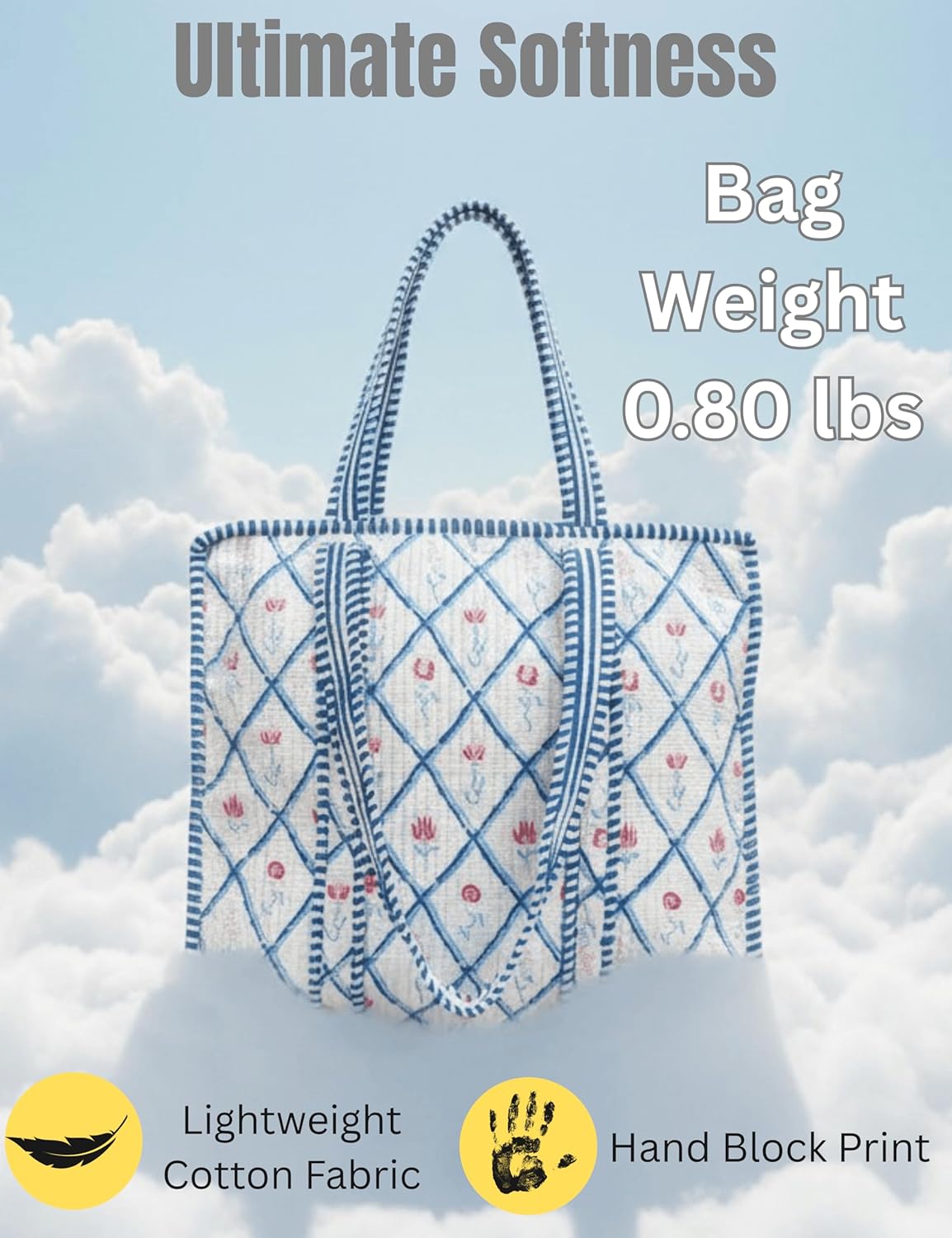 Cotton Quilted Tote Bag for Women – Large Beach & Travel Tote with Zipper, Reusable Grocery Bag