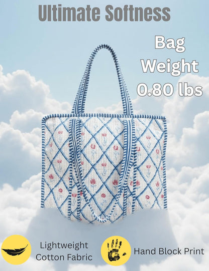 Cotton Quilted Tote Bag for Women – Large Beach & Travel Tote with Zipper, Reusable Grocery Bag