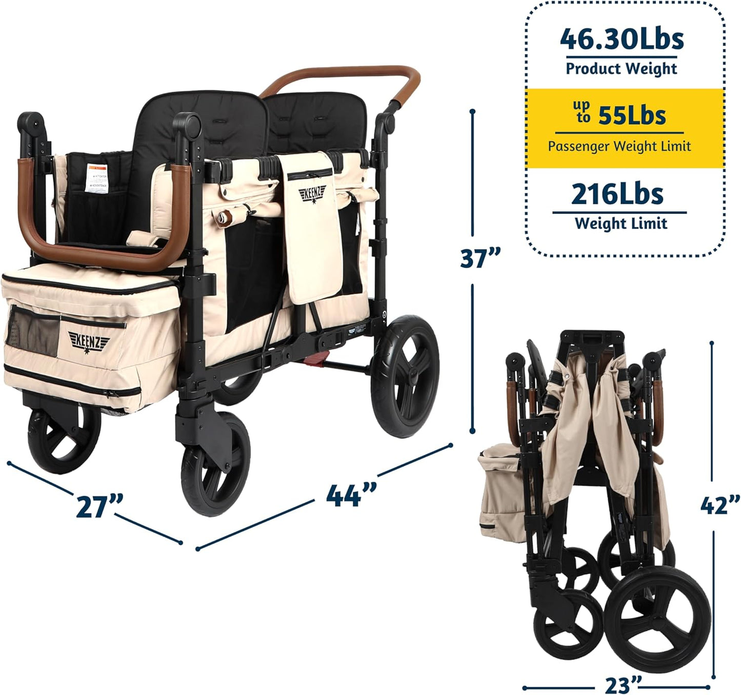 Keenz VYOO Stroller Wagon with Canopy - Foldable Design for Easy Storage, 5 Seating Positions for Kids, Enhanced Child Safety, All-Terrain Mobility, 2-Passengers, Mocha