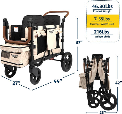 Keenz VYOO Stroller Wagon with Canopy - Foldable Design for Easy Storage, 5 Seating Positions for Kids, Enhanced Child Safety, All-Terrain Mobility, 2-Passengers, Mocha