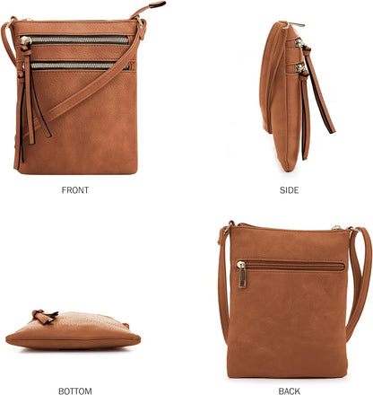 DELUXITY | Crossbody Purse Bag | Functional Multi Pocket Double Zipper Purse | Adjustable Strap | Medium Size Purse |Cognac