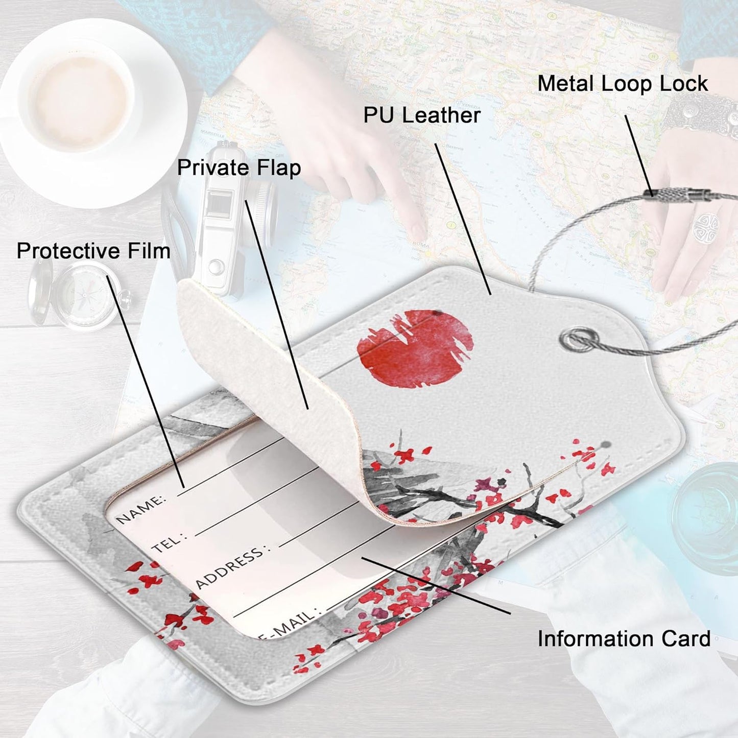 2Pcs Luggage Tag for Suitcase Japanese Cherry Blossom Cute Suitcase Tag with Privacy Flap & Name ID Label & Metal Loop,Travel Bag Luggage Tags for Women