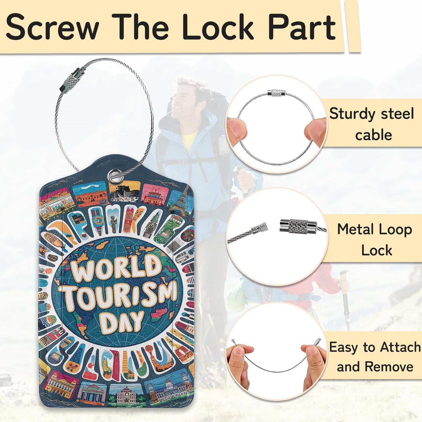 Travel Around The World Luggage Tags for Suitcase,3 Pack Go Travel Flight Views Luggage Tag Leather Privacy Cover ID Label with Stainless Steel Loop for Women Men