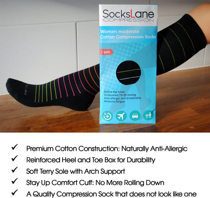 Cotton Compression Socks for Women & Men. 15-20 mmHg Support Knee-High Solid White M/L