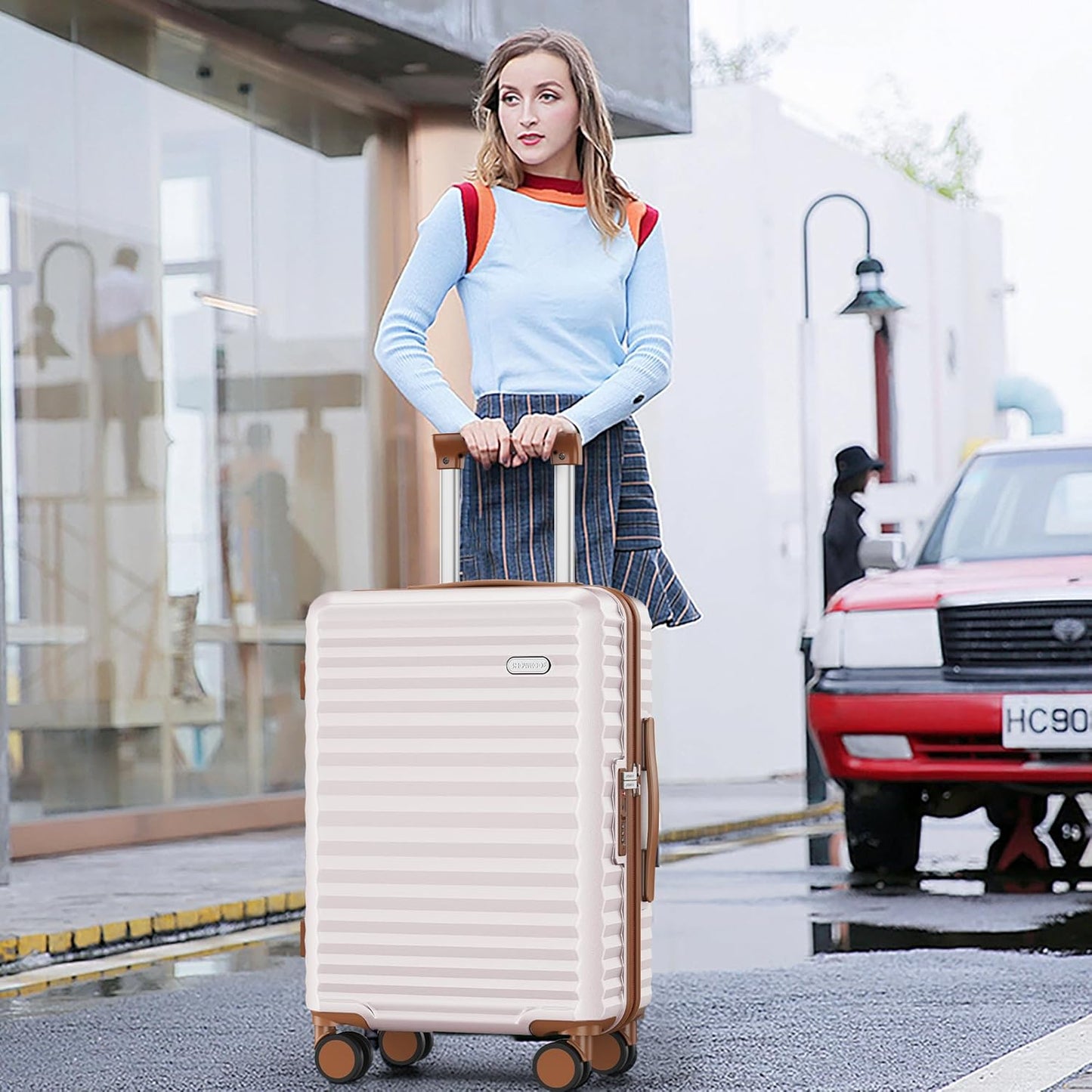 SHOWKOO Suitcase Hardside Expandable Luggage Set, Suitcase with Double Spinner Wheels TSA Lock 3 Piece Set Beige White (DB/TB/28in)