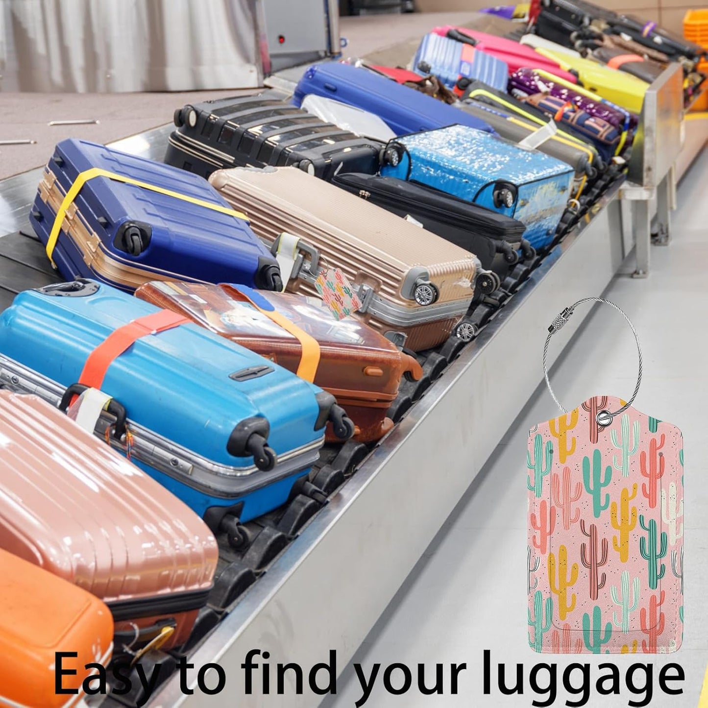 Multicolored Cactus 2 Pcs Luggage Tags,Privacy Cover ID Label with Stainless Steel Loop and Address Card for Travel Bag Suitcase