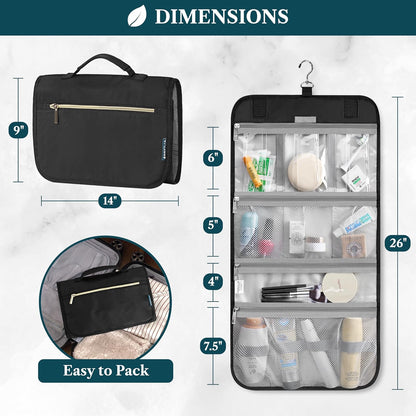 PAVILIA Hanging Toiletry Bag Women Men, Travel Kit Foldable Large Toiletries Organizer, Roll up Cosmetics Makeup Bag Accessories, Waterproof Essentials Jewelry Case (Black)