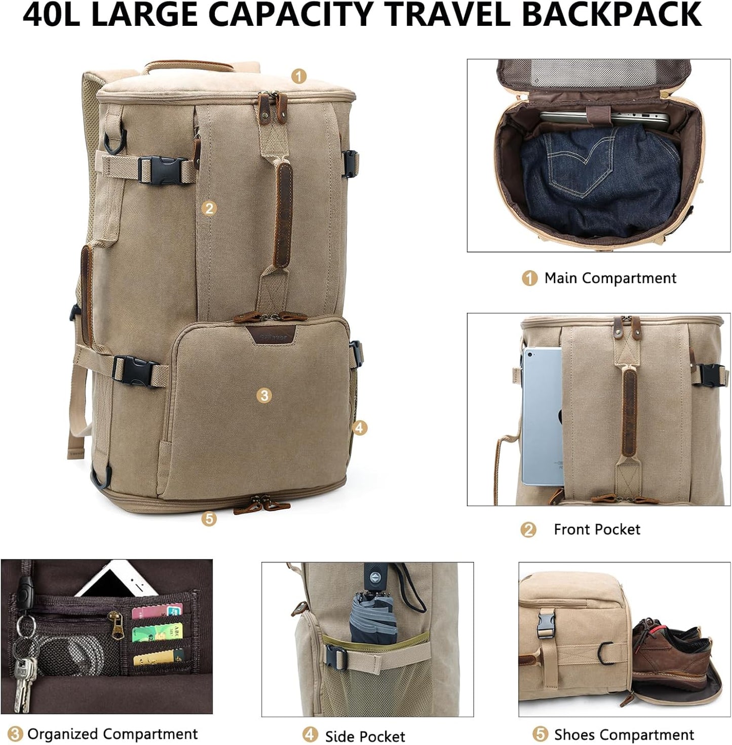 G-FAVOR 40L Travel Backpack, Vintage Canvas Rucksack Convertible Duffel Bag Carry On Backpack Fit for 17.3 Inch Laptop Bag