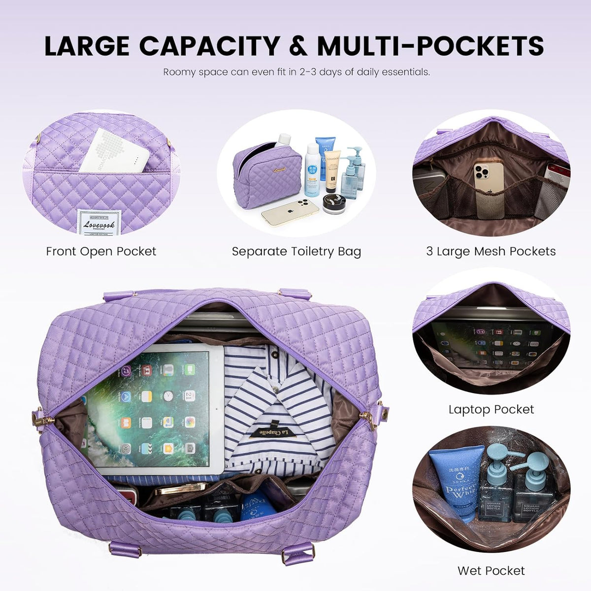 LOVEVOOK Travel Duffle Bag,Weekender Bags for Women with Shoe Compartment，Carry on Overnight Bag with Toiletry Bag,Gym Duffel Bag with Wet Pocket, Hospital Bags for Labor and Delivery