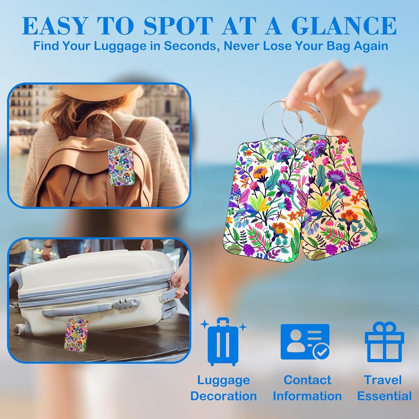 Colorful Flowers and Tropical Leaves Luggage Tags for Suitcases Leather Travel Tags for Luggage ID Label with Privacy Cover and Stainless Steel Loop for Men Women Suitcase Backpack, Set of 2