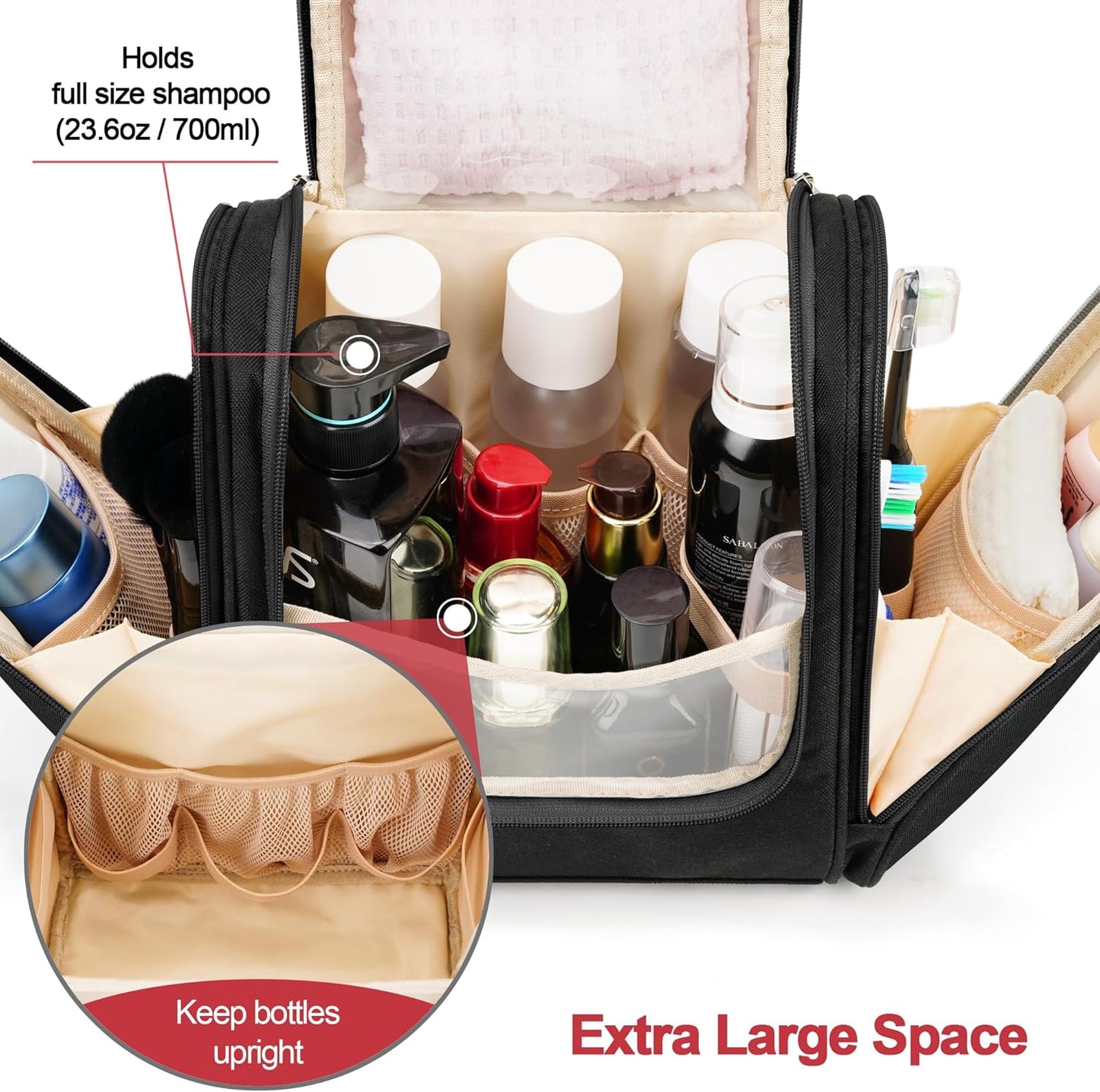 Travel Hanging Toiletry Bag for Women and Men, 6 Organizer Compartments, Holds Full Size Bottles, Extra Large Cosmetic Accessories, Makeup essentials, Bathroom Water-resistant Toiletries Bag, Black