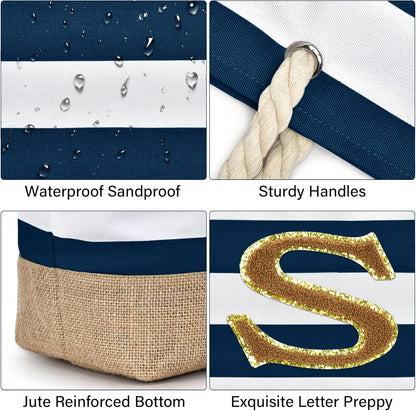 Becokan Beach Bag Initial Beach Tote with Makeup Bag for Travel Work Storage Personalized Birthday Gifts for Women Her