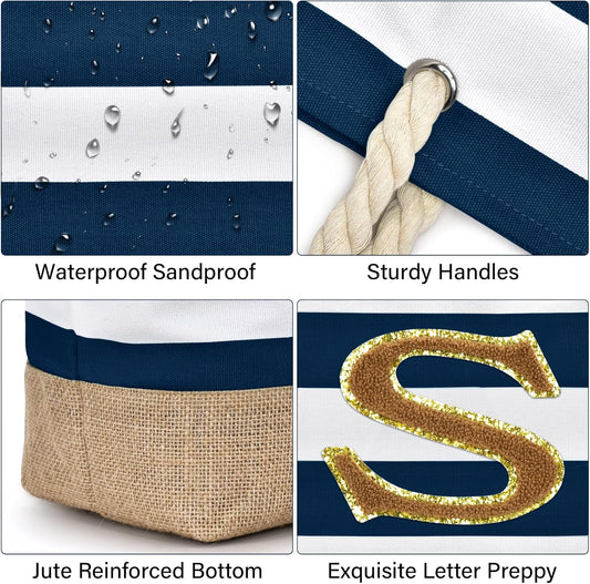 Becokan Beach Bag Initial Beach Tote with Makeup Bag for Travel Work Storage Personalized Birthday Gifts for Women Her