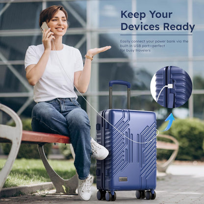 ALPHA CAMP 20-inch Carry On Luggage Airline Approved - PC+ABS Lightweight Suitcase with Built-in TSA Lock，Hard-shell Durable Rolling Luggage with USB Port