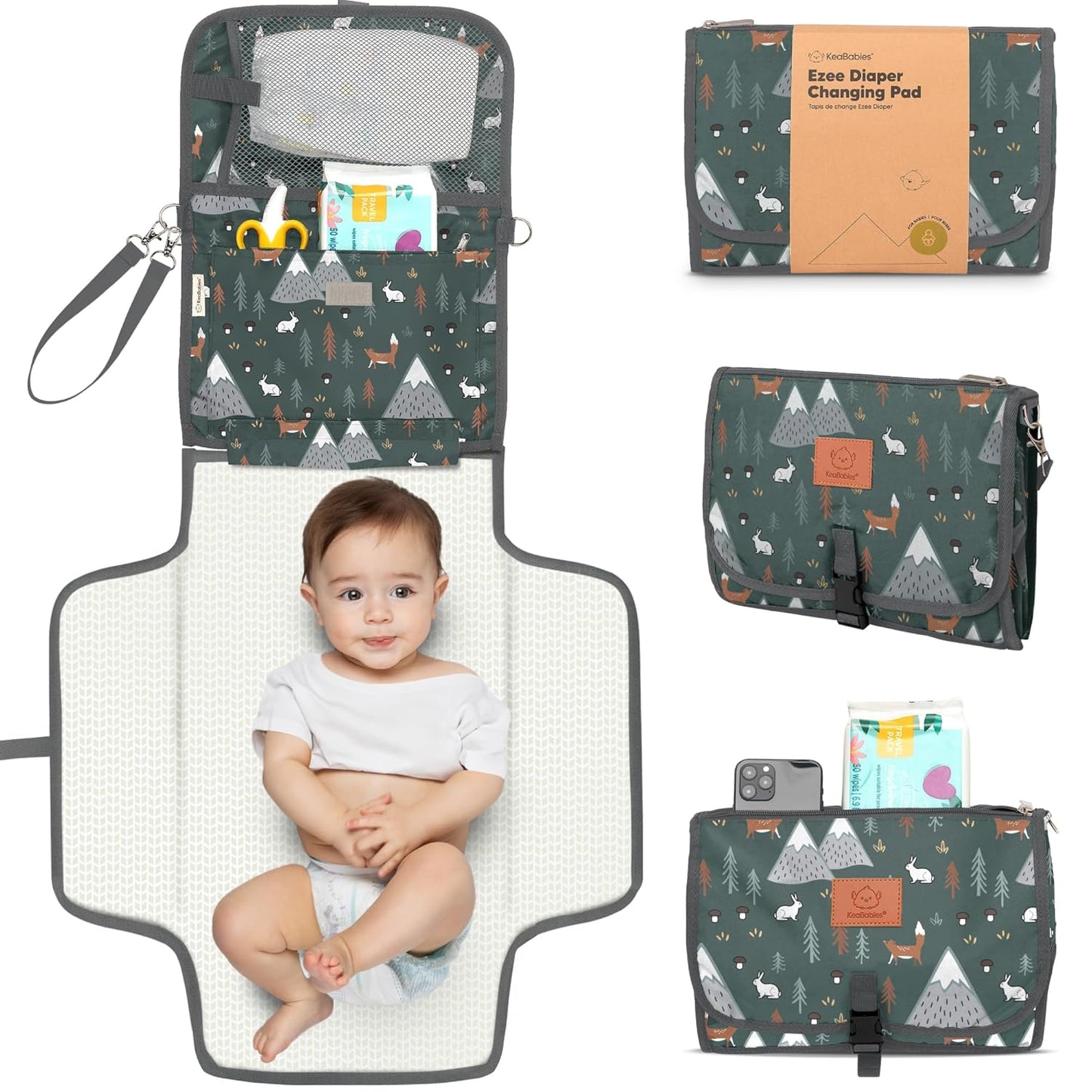 KeaBabies Portable Diaper Changing Pad - Large Waterproof Baby Changing Mat, Compact Travel Diaper Clutch,Functional Pockets Fit Newborn Essentials,Wipeable & Padded Baby Changer(Woods)