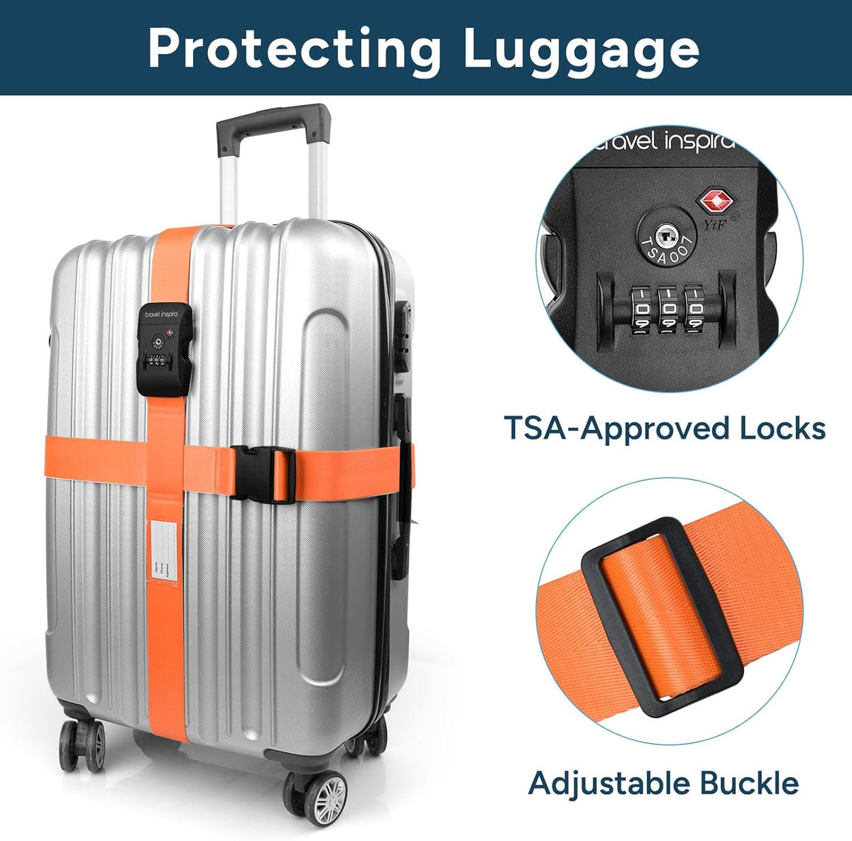 Travel Inspira Luggage Straps for Suitcases Travel Belt for Luggage TSA Approved Luggage Straps, Suitcase Straps 3-Dial Combination Locks Adjustable Suitcase Belt, Quick-Release Buckle (Orange)