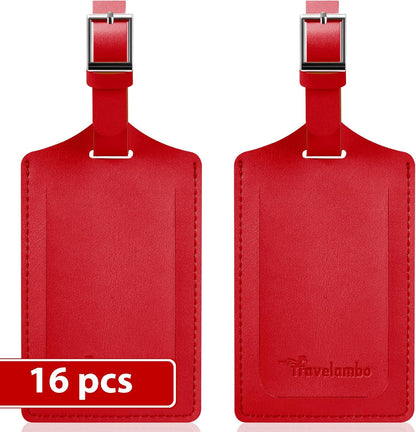 Travelambo Luggage Tags for Suitcases Faux Leather Privacy Protection 16 Pack Bag Tags Travel Accessories Essential, Deep Red