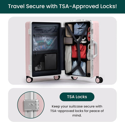 Nobl Travel Carry On Luggage, Noble Zipperless Aluminum Frame PC Hard Shell Suitcase, 20.8"x15"x8.7" Airline Approved, 360° Spinner Wheels, TSA Locks, USB Charging Port, Cup & Phone Holder - Pink