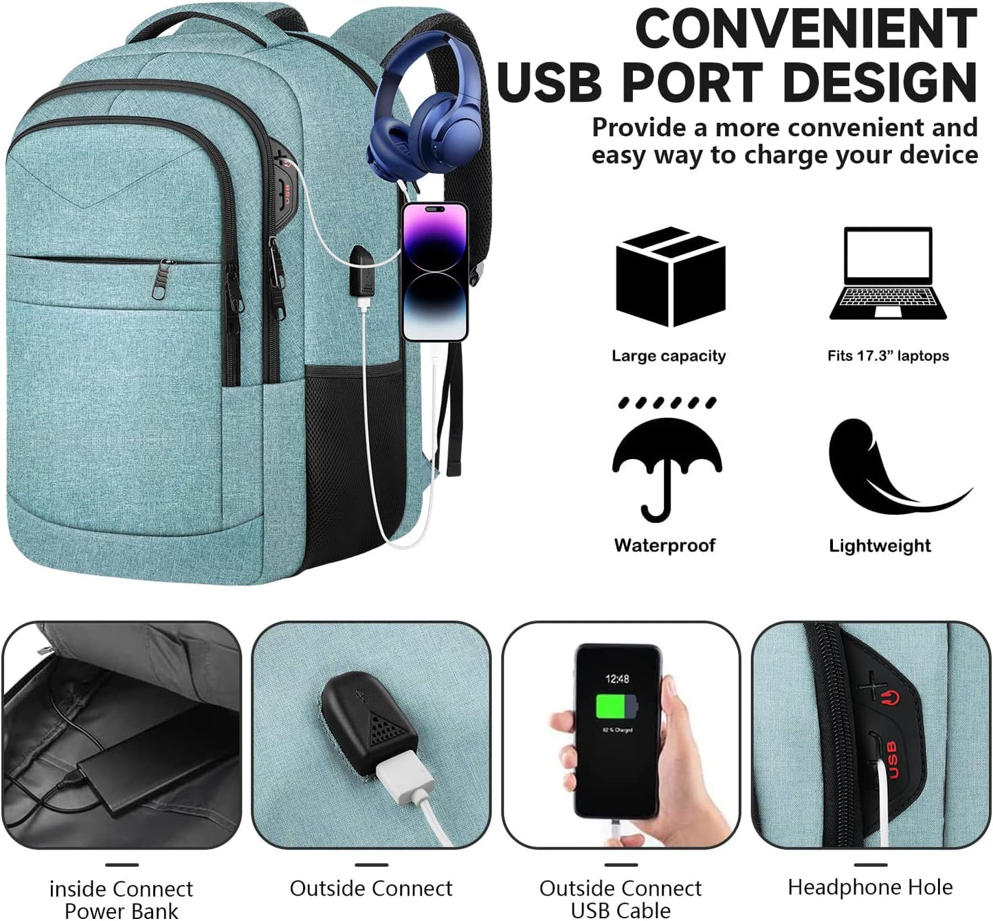 Lapsouno Extra Large Backpack, Travel Laptop Backpack, Carry on Backpack, Sturdy 17 Inch TSA Friendly with USB Port, Water Resistant College School Computer Bag Gifts for Men Women, Lake Green