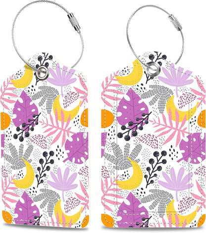 Tropical Plants Leaves Fruits Luggage Tags 2PCS PU Leather Suitcases Tag with Stainless Steel Loop and Privacy Name Address Cover Label Card for Women Men Travel