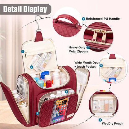 Travel Toiletry Bag for Women, Hanging Toiletry Bag, Bathroom Bag Portable Shower Caddy for College Dorm Travel Shower Bag for Women Water-Resistant Cosmetic Makeup Bag (Red)