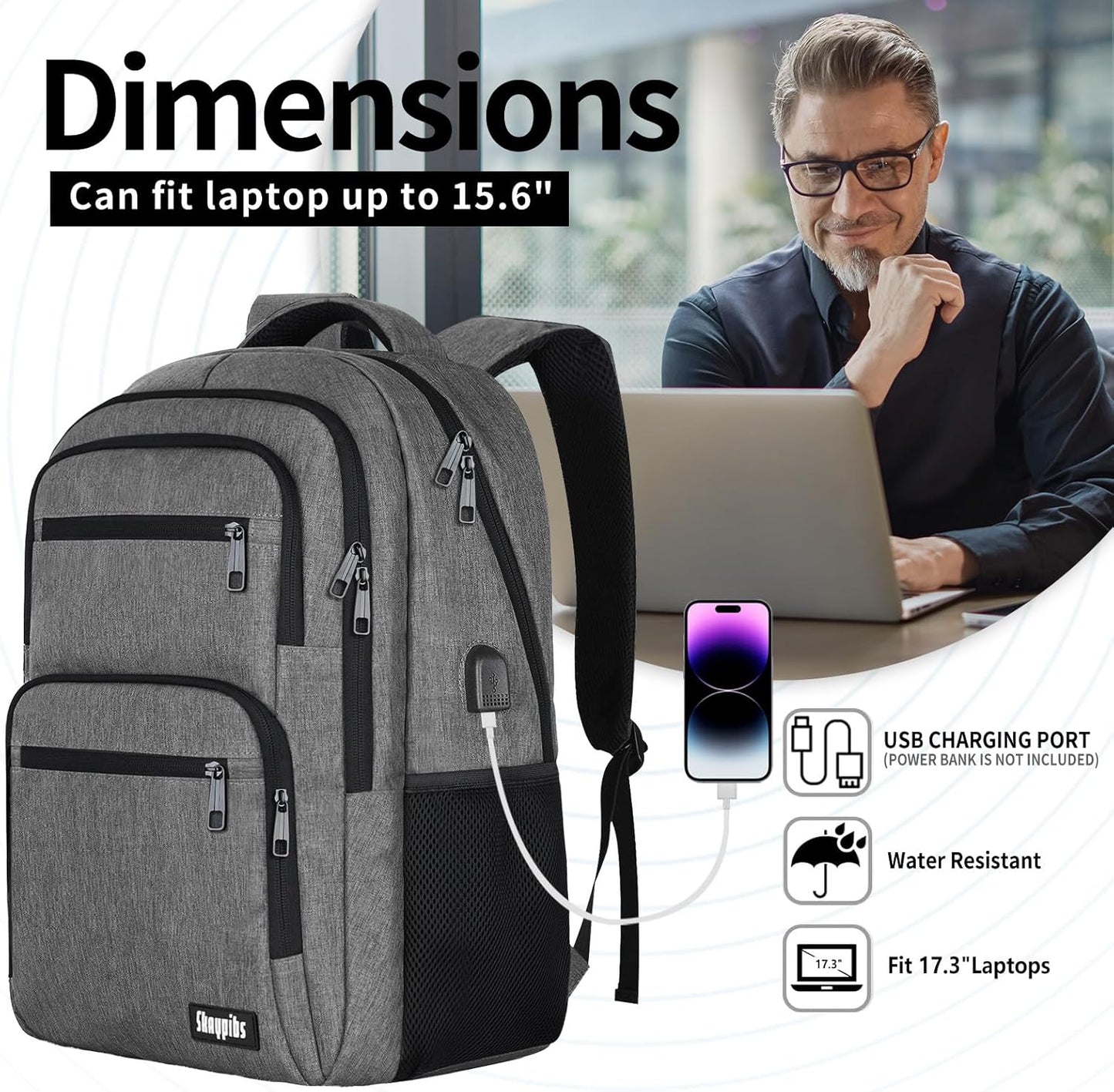 Travel Laptop Backpack, Business Carry on Backpack Flight Approved Backpack, Large Travel Work Backpacks for Men Women with USB Charger Port, Rucksack Bag, Mochila de viaje, Grey