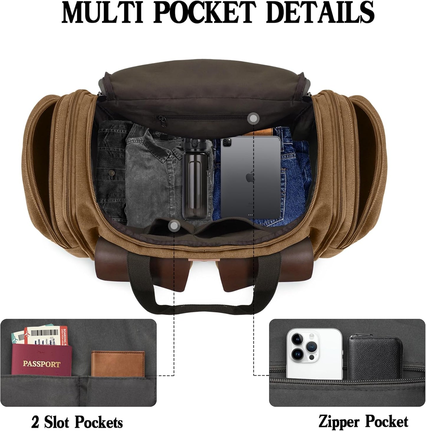 Canvas Duffle Bag for Men 50L Travel Duffel Bags Expandable Genuine Leather Duffel Overnight Weekender Carry On Bag Two Zipper Pockets Travel Bag (Coffee, Large-50L)