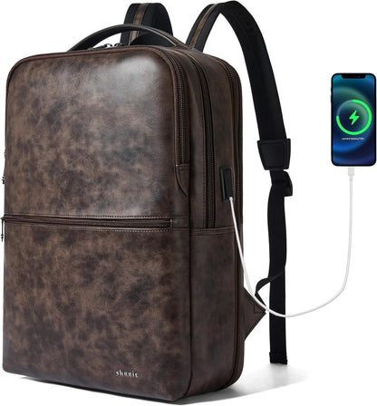 Vegan Leather Laptop Backpack for Women&Men,16 Inch Expandable Backpack with USB Charging Port,Two-toned Coffee