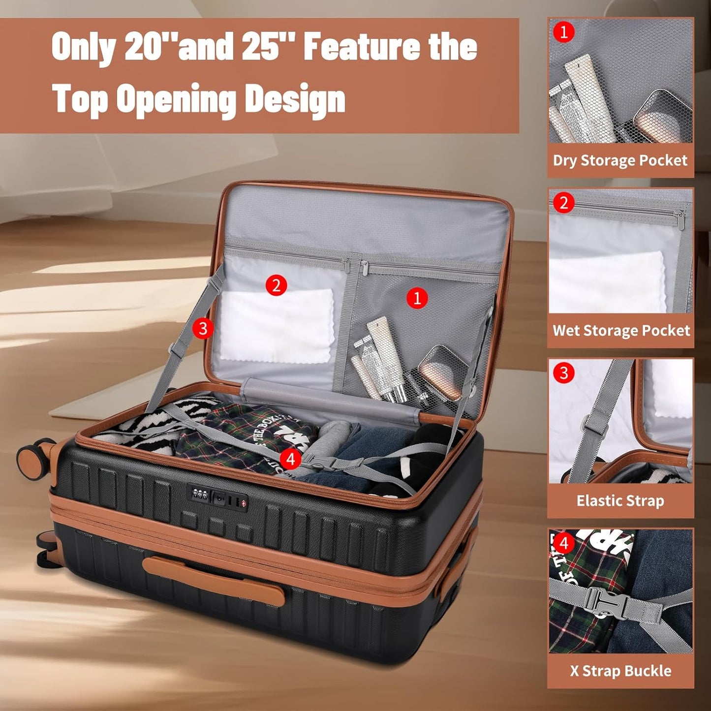 3-Piece 20/24 Top Opening Hardshell Lightweight Luggage and 28-Inch Clamshell Opening Suitcase with Spinner Wheels & TSA Locks, Black Brown, 20in/24in/28in