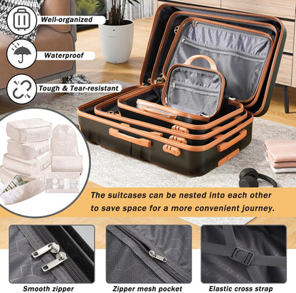 Merax Luggage Set 13 Piece, Hardshell ABS Suitcases with 8 Silent Spinner Wheels, Durable and Lightweight Travel Luggage for Family Trips, Black Brown