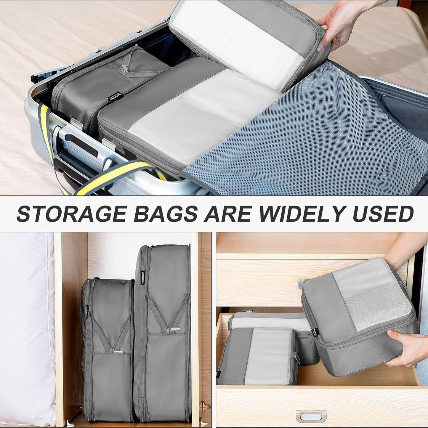 5 Set Compression Packing Cubes for Travel, Space Saving Luggage Organizer Bags (Silver)