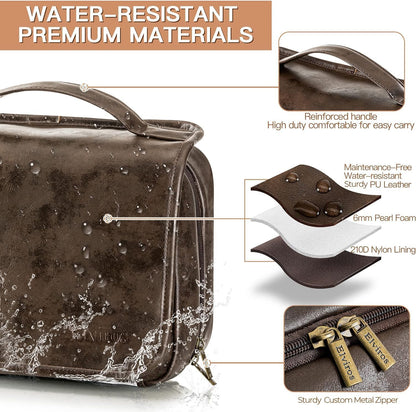 Elviros Hanging Toiletry Bag Removable Travel Bag PU leather Makeup Cosmetic Organizer Kit, Coffee