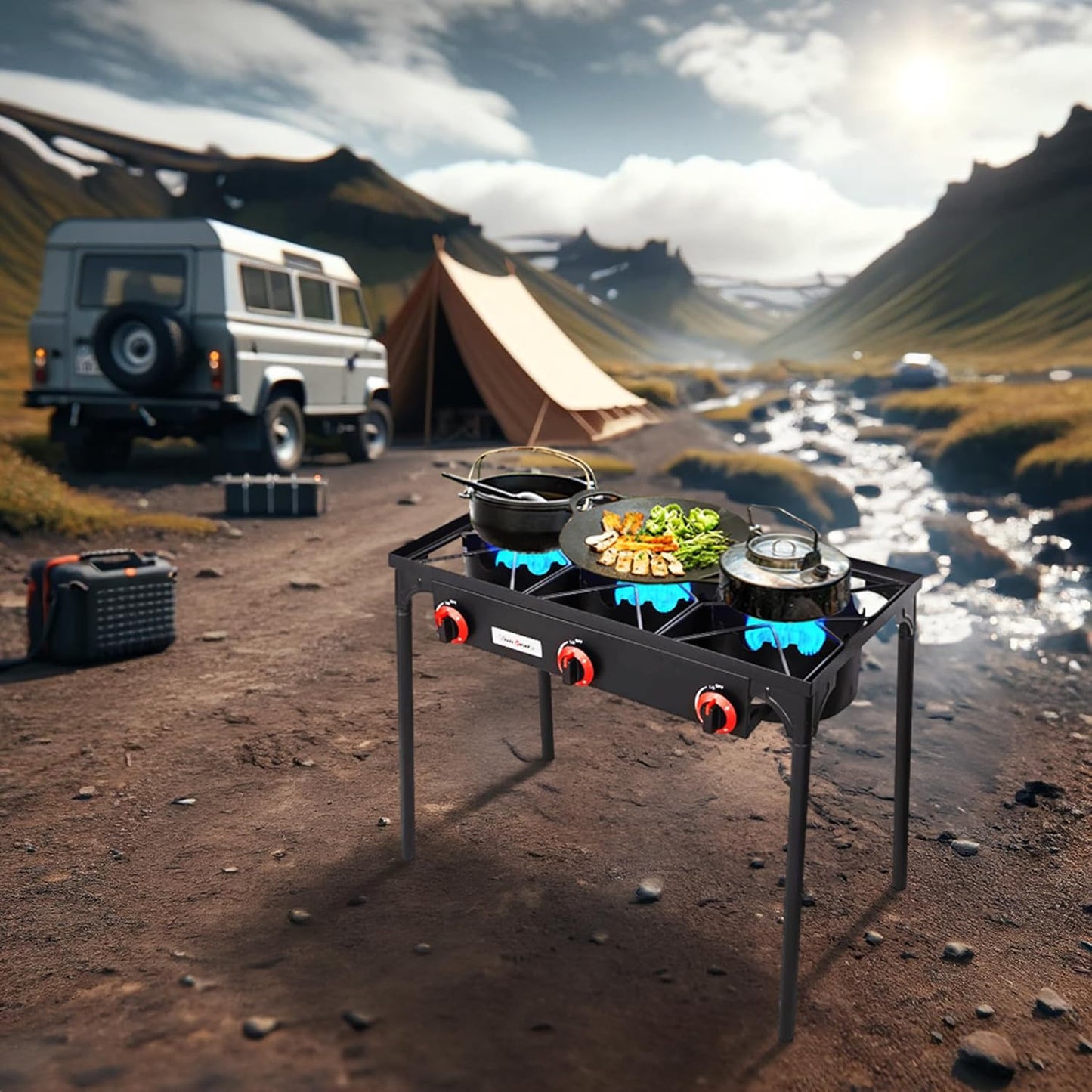 Vivicreate 3 Burner High pressure Propane Stove, 28 Inch Tall Camping Stove with cast iron burner 105000 BTU power, Stable Legs for Outdoor Use