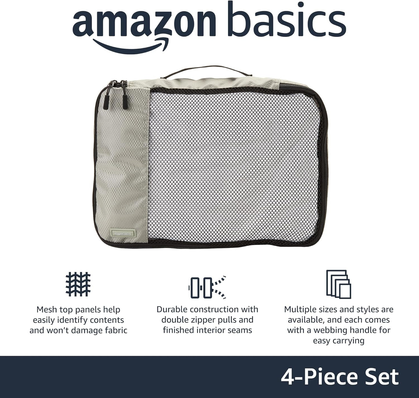 Amazon Basics 4 Piece Packing Cubes with Double Zipper and Mesh Top, Travel Organizer Set, Medium, Gray