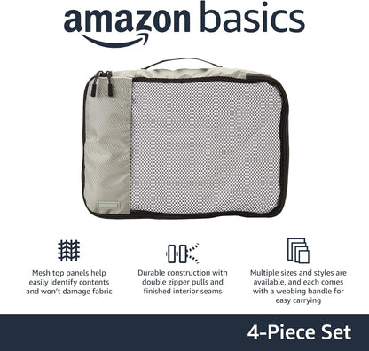 Amazon Basics 4 Piece Packing Cubes with Double Zipper and Mesh Top, Travel Organizer Set, Medium, Gray