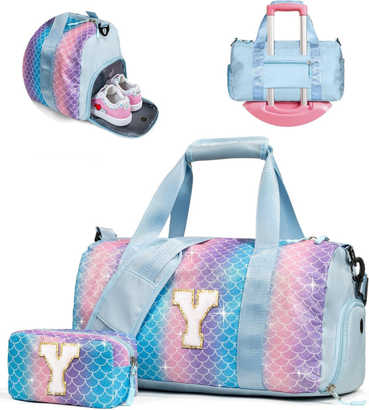 Daughter Birthday Gifts-Girl Gym Bag with Shoe Compartment, Kid Personalized Weekender Overnight Bags, Initial Travel Tote with Makeup Pouch, Graduation Gift for Girls (Letter Y)
