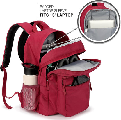 ZORFIN 26L Backpack for College, and Travel: Water Resistant Bookbag - Russet Red