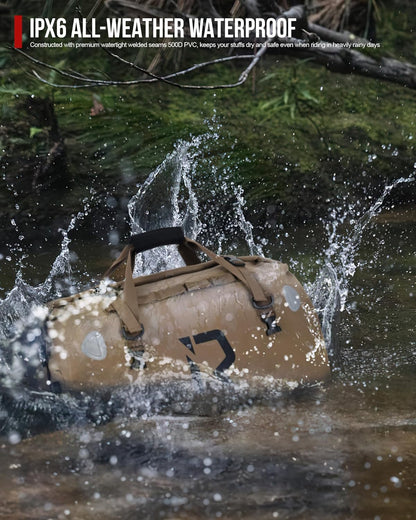 IRON JIA'S Motorcycle Dry Bag - Waterproof Duffle & Luggage Tail Bag Saddle Bags with Roll Top Closure, Shoulder Straps, Inner Pocket and Mesh Pocket (Brown, 50L)