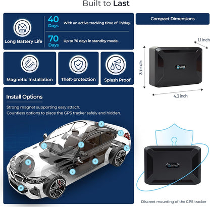 SALIND GPS Magnetic, up to 70 Days Battery - GPS Tracker for Every Vehicle, 4G LTE Car GPS Tracker with Strong Built-in Magnet for Easy Fixation on All Surfaces, Robust & Splash Proof Tracking Device