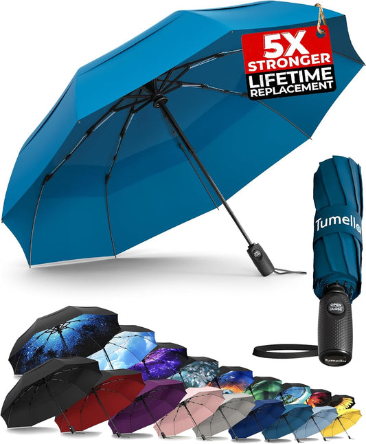 TUMELLA Strongest Windproof Travel Umbrella (Compact, Superior & Beautiful), Small Strong but Light Portable and Automatic Folding Rain Umbrella, Durable Premium Grip, Fits Car & Backpack