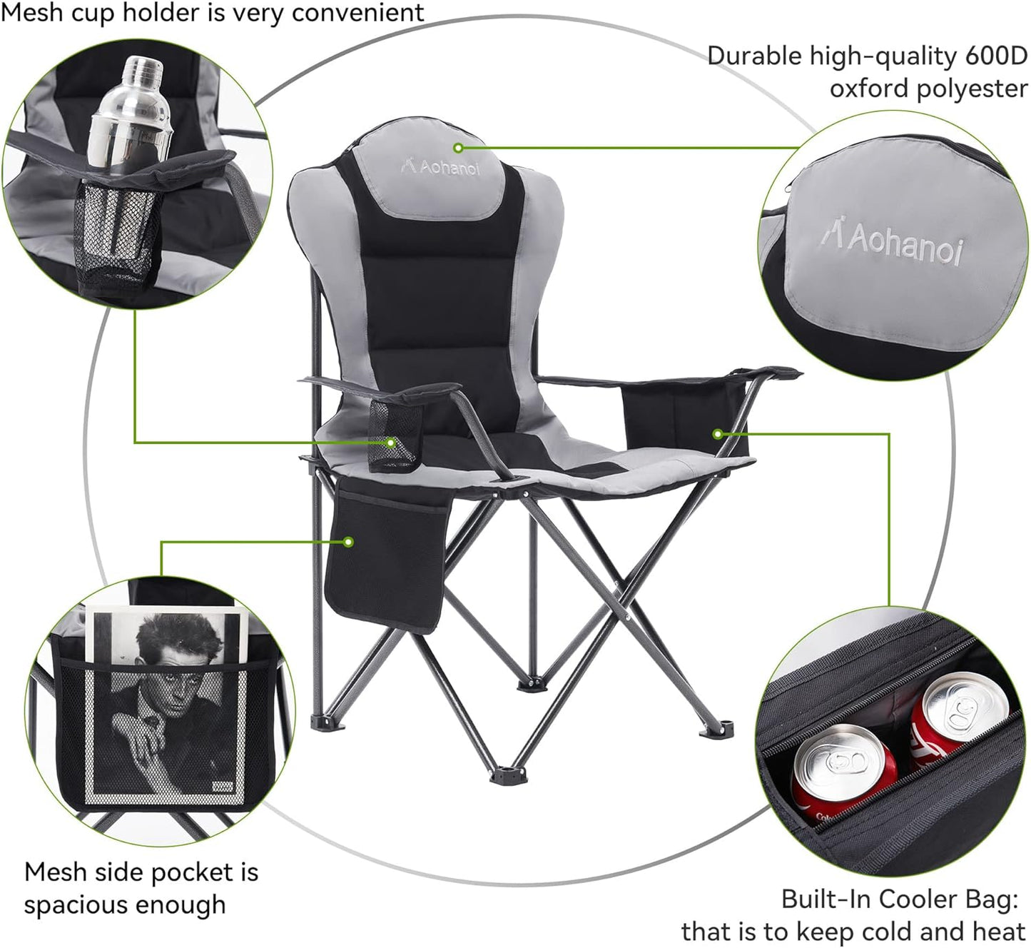 2 Pack Camp Chairs for Heavy People, Outdoor Folding Camping Chairs with Cup Holder & Cooler Bag for Outside Supports up to 300lbs (2 Pcs, Black)